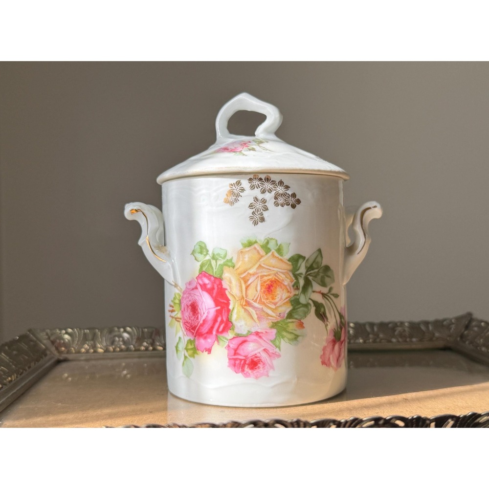 Vintage German Porcelain Condenced Milk Container in a Floral Rose Pattern
